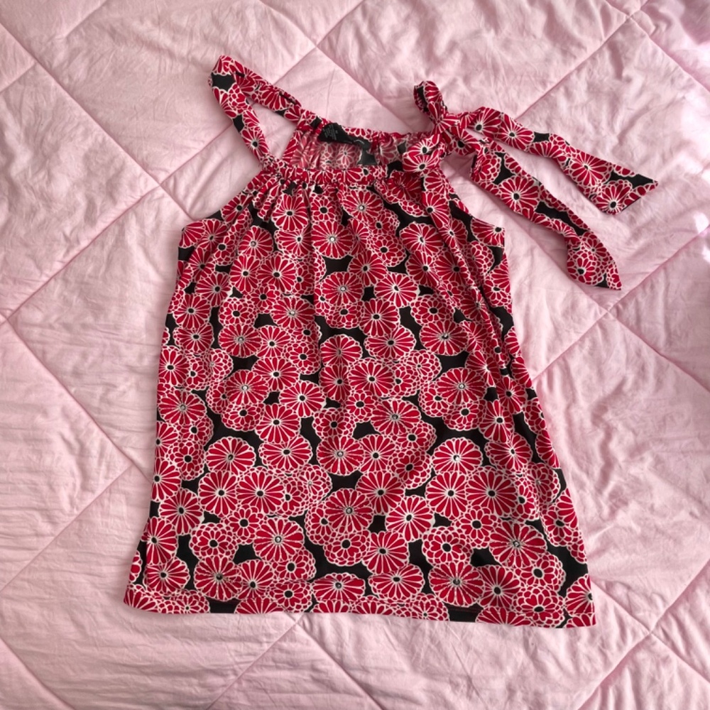 Black/Red Sequined Floral Asymmetric Top w/ Tie Shoulder Detail